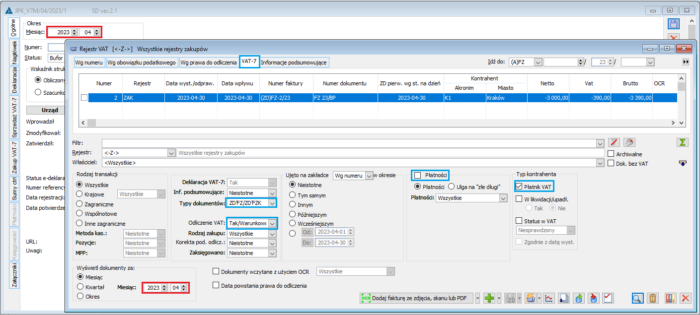 Rejestr zakupu VAT – predefiniowane filtry dla opcji „ZD’FZ/ZD’FZK”