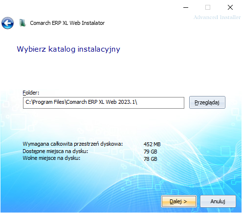 Comarch ERP XL Web Instalator - wybór katalogu instalacyjnego