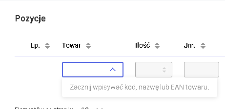 Dodanie pozycji przez wpisanie kodu lub EAN towaru