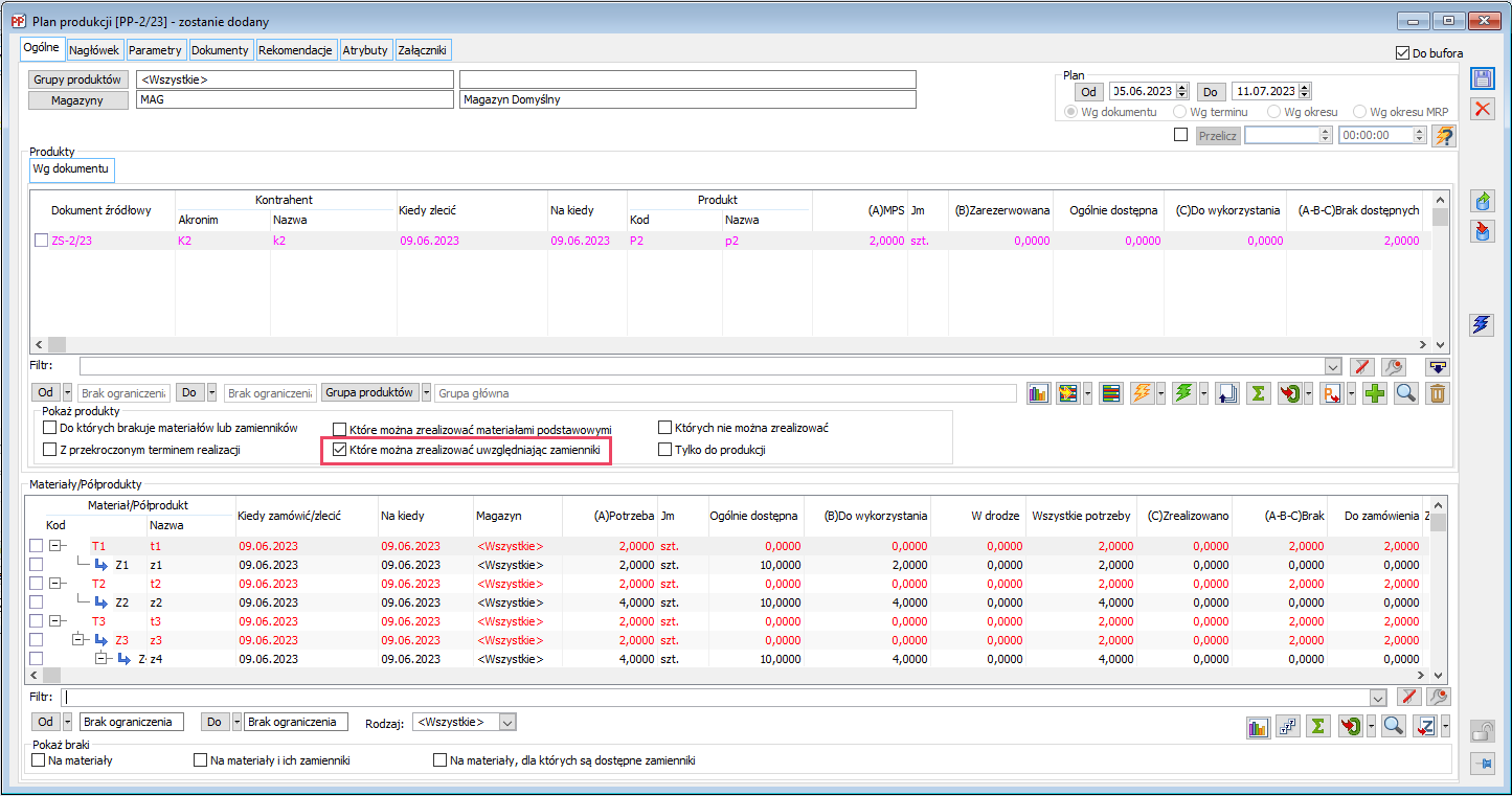 Plan produkcji - filtr: Pokaż produkty: Które można zrealizować uwzględniając zamienniki