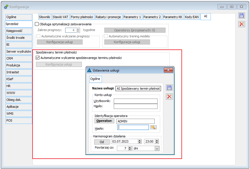 Konfiguracja/Sprzedaż/AI, sekcja Spodziewany termin płatności