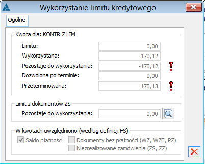 Karta kontrahenta, zakładka: Limity kredytowe.