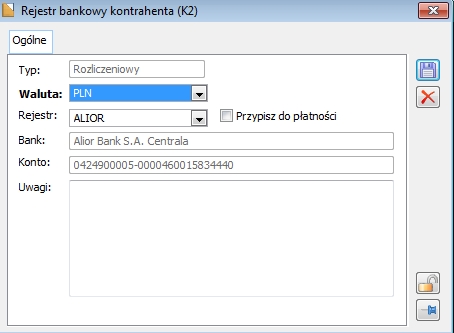 Rejestr bankowy kontrahenta