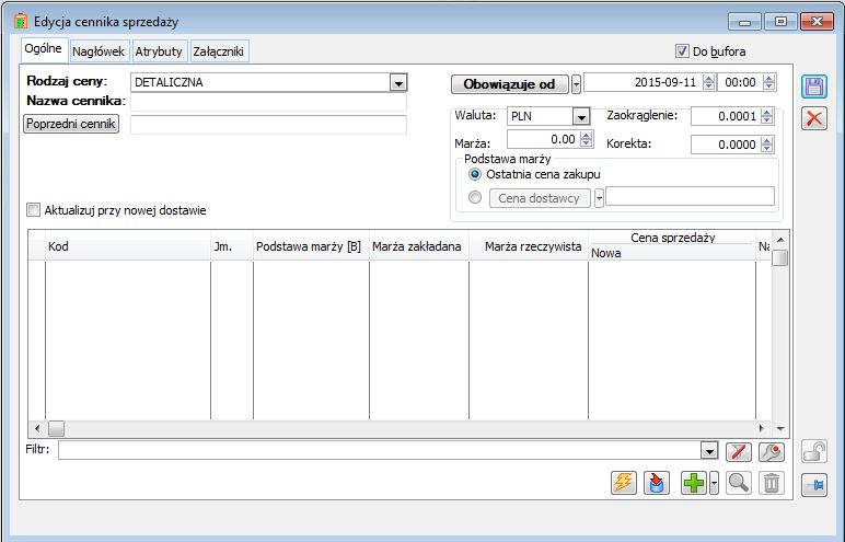 Okno edycji cennika sprzedaży, zakładka Ogóle.