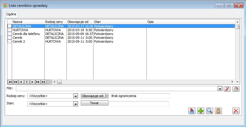 Lista cenników sprzedaży