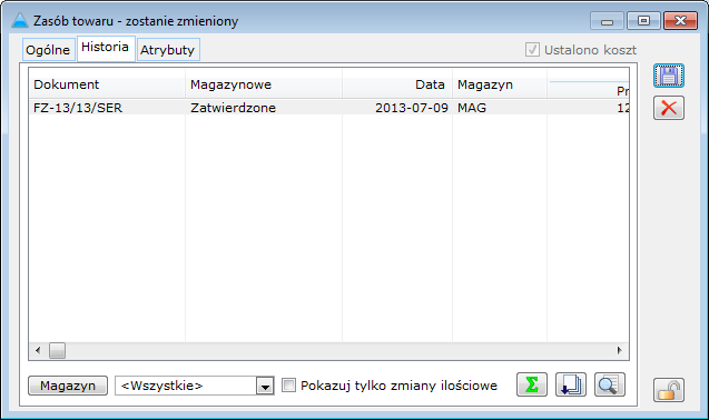 Okno: Zasób towaru, zakładka: Historia.
