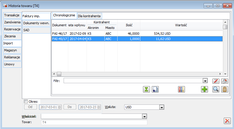 Historia towaru, zakładka: Import.