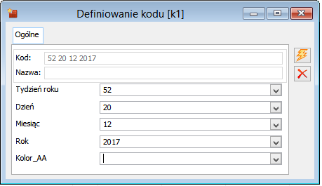 Okno elementów kodu towaru.