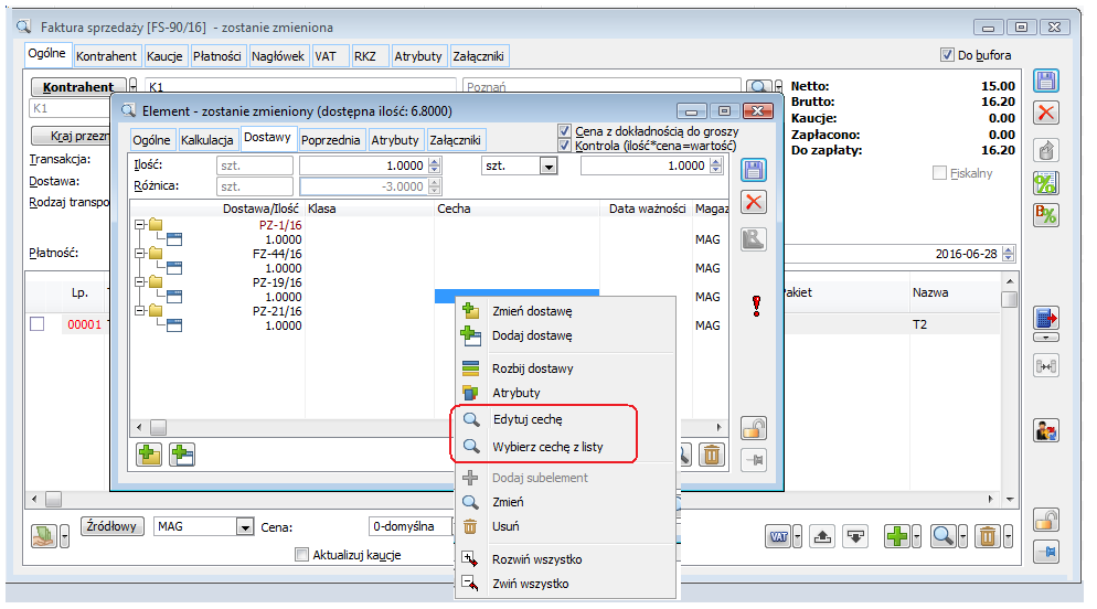 Dokument handlowy FS – Zakładka Dostawy. Edycja cechy. Wybór cechy z listy.