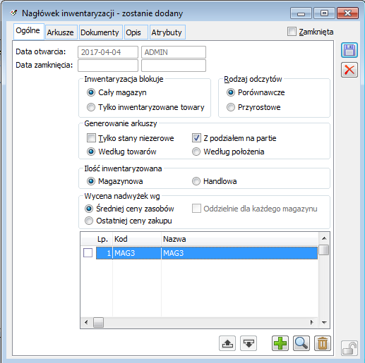 Nagłówek inwentaryzacji, zakładka: Ogólne.