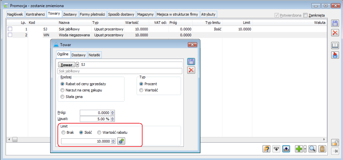 Limit Ilości dla konkretnego towaru w promocji