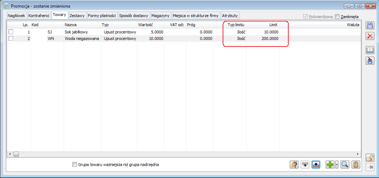 Typ i wielkość limitu dla poszczególnych towarów w promocji, dostępna do edycji wprost na liście