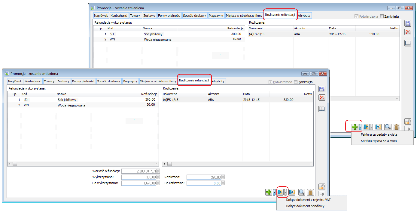 Operacja rejestrowania faktury rozliczającej refundację oraz dołączania wcześniej zarejestrowanego dokumentu