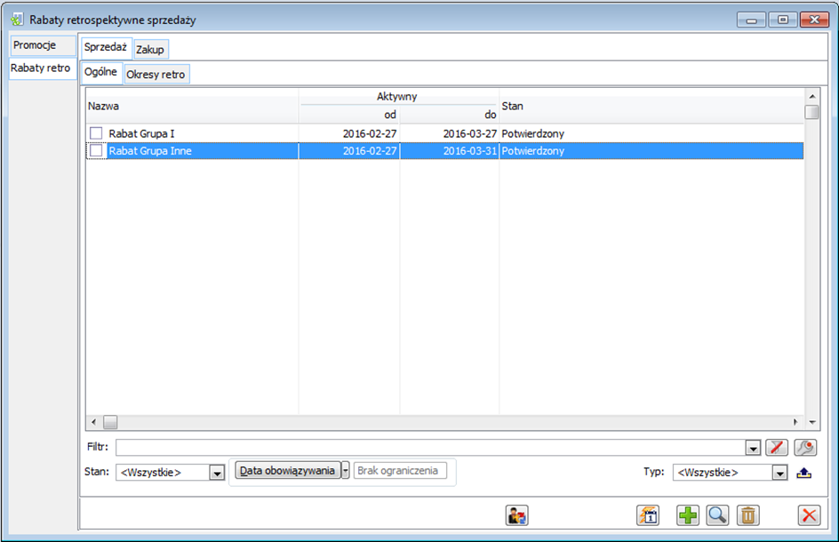 Rabaty retrospektywne, zakładka: Ogólne.