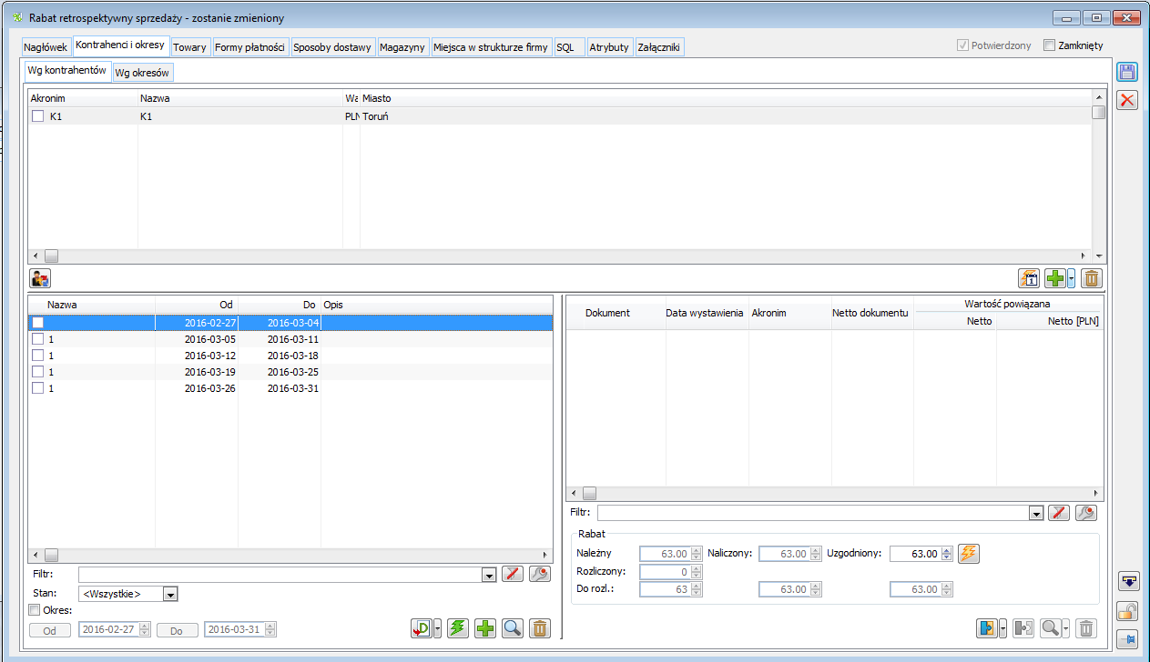 Rabat retrospektywny, zakładka: Kontrahenci i okresy, ‘wg kontrahentów’.