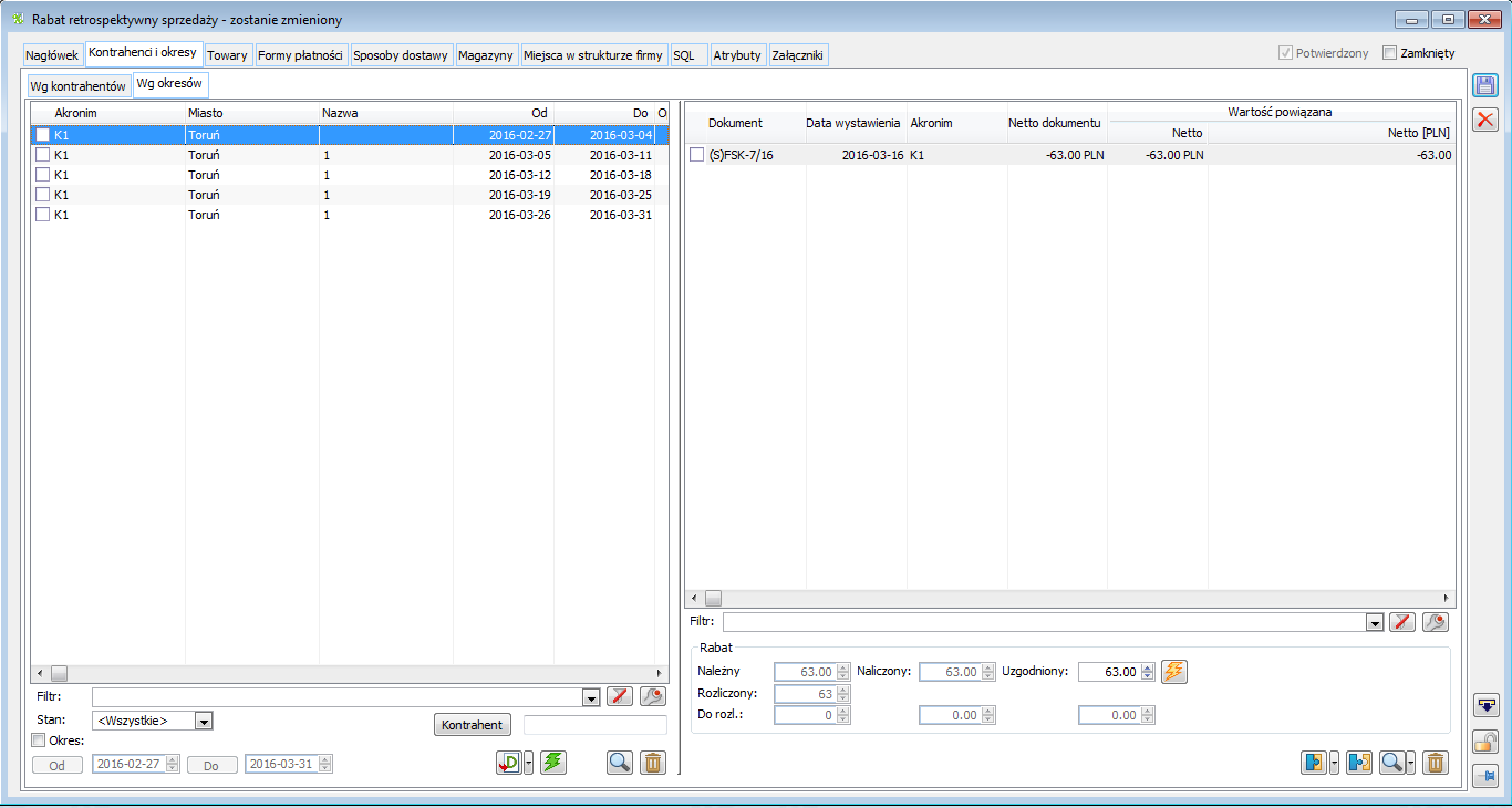 Rabat retrospektywny, zakładka: Kontrahenci i okresy, ‘wg okresów’.