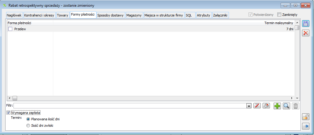 Rabat retrospektywny, zakładka: Forma płatności.