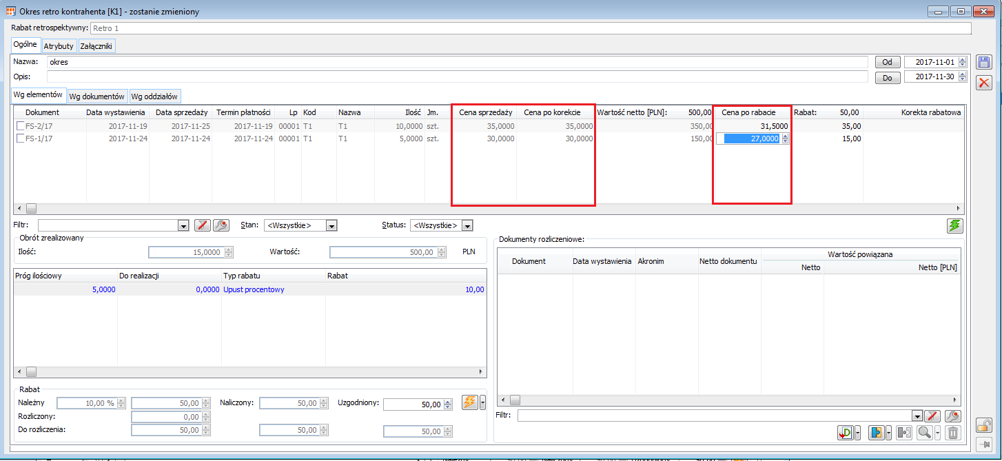 Okres retro sprzedaży kontrahenta – edycja ceny po rabacie.