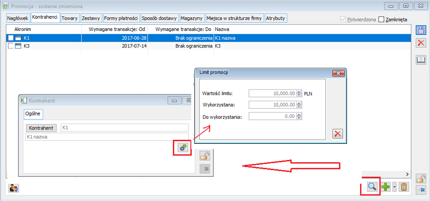 Promocja, zakładka Kontrahenci – podgląd Limitu promocji.