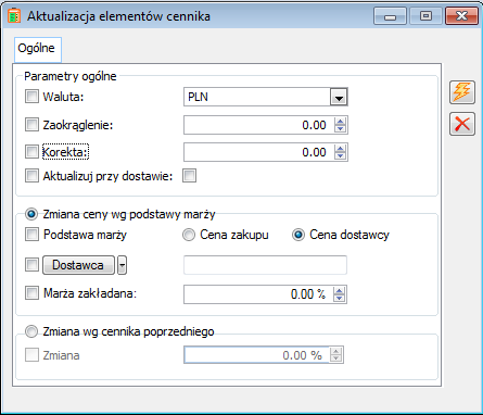 Formatka aktualizacji elementów cennika.