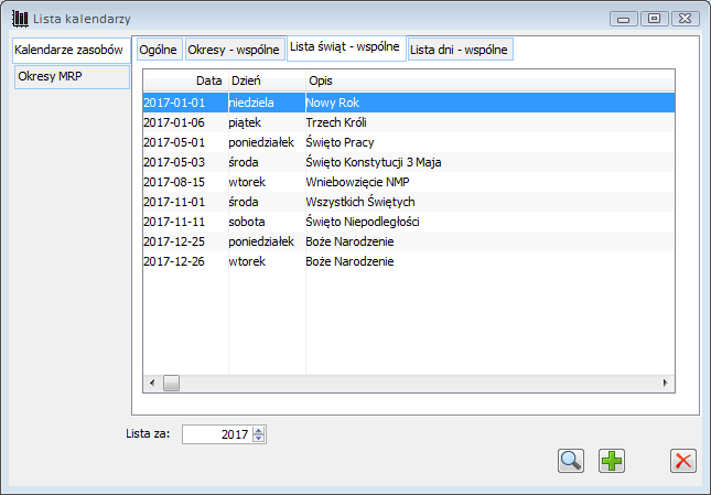Lista kalendarzy, zakładka: Okresy - wspólne