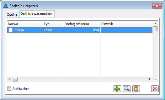 Rodzaje urządzeń, zakładka: Definicje parametrów.
