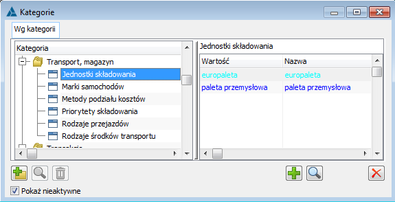  Jednostki składowania w oknie: Słowniki kategorii.