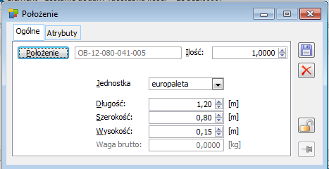 Okno: Położenie, w którym można edytować dane jednostki składowania dla towaru na konkretnym dokumencie PM.