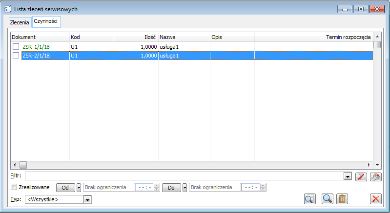 Lista zleceń serwisowych, zakładka Czynności.