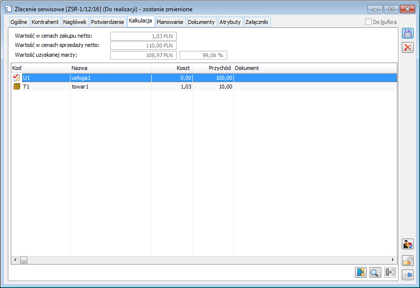Zlecenie serwisowe, zakładka Kalkulacja.