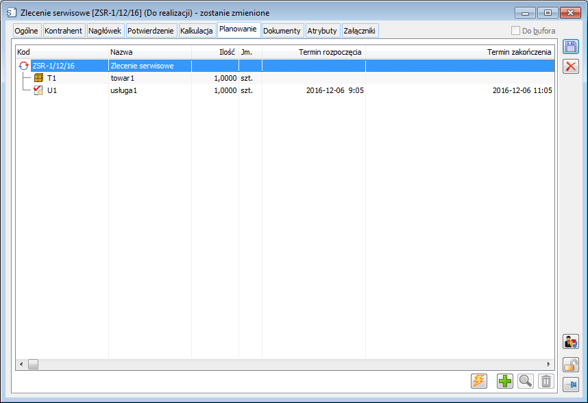Zlecenie serwisowe, zakładka Planowanie.