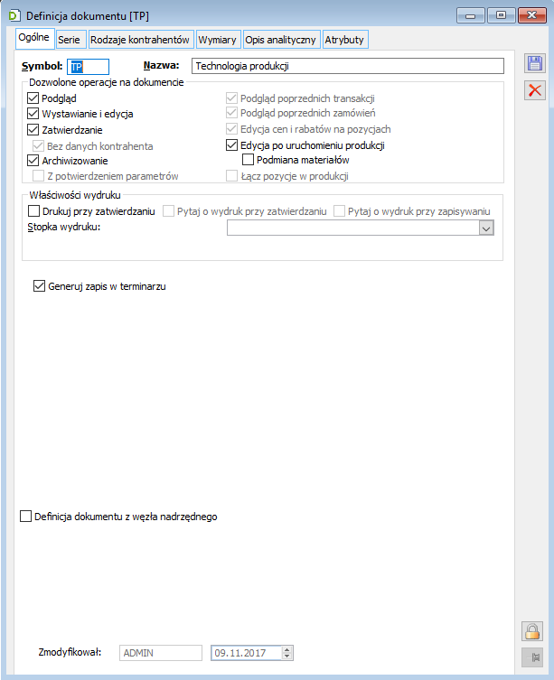 Definicja dokumentu TP, zakładka Ogólne