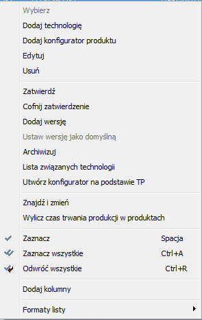 Menu kontekstowe -lista technologii