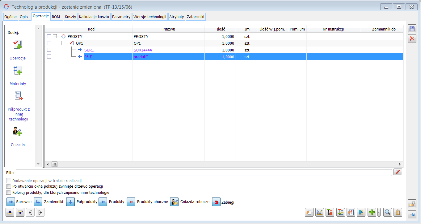 Nowy pasek funkcyjny na liście technologii, na zakładce: Operacje