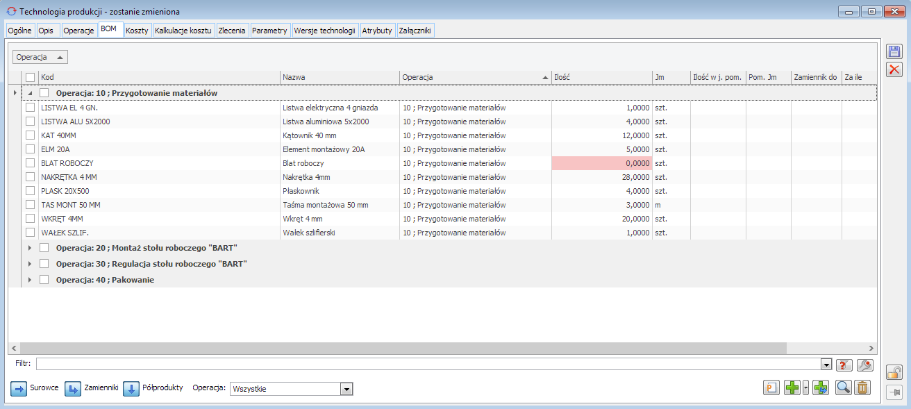 Lista materiałów, na zakładce: BOM, pogrupowana wg operacji, do której zostały wprowadzone materiały