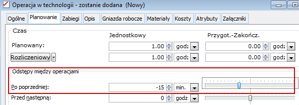  Taki sam odstęp definiujemy między operacje 20 i 30. W efekcie tego, po zaplanowaniu procesu mamy zaplanowane operacje na 15 minutową „zakładkę”