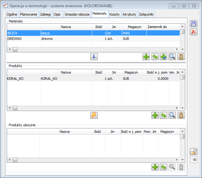 Układ zakładki: Materiały, w oknie operacji technologicznej