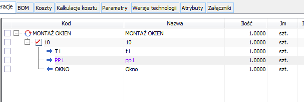 Wyróżnienie na fioletowo materiału LM 20 Listwa montażowa, posiadającego inne technologie, w oknie technologii, na zakładce: Operacje