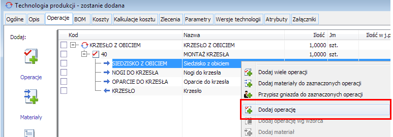 Funkcja dodaj operację uruchamiana dla materiału