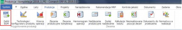 Przycisk: Załóż BOM, uruchamiający Kreator BOM z poziomu ribbona modułu: Produkcja