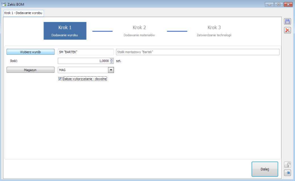 Kreator BOM – Krok 1: Wskazywanie wyrobu gotowego