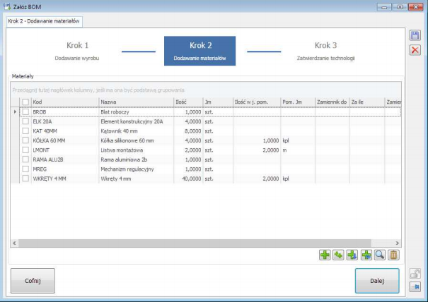 Kreator BOM – Krok 2: Dodawanie materiałów