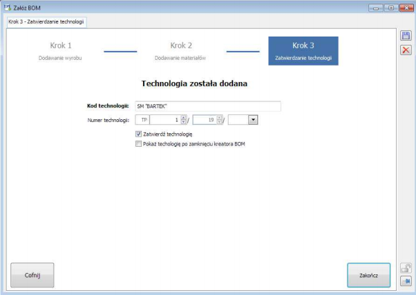 Kreator BOM – krok 3: Zakończenie pracy z kreatorem i dodanie technologii