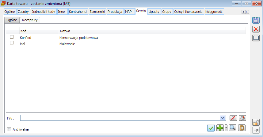 Karta towaru, Serwis/ Receptury