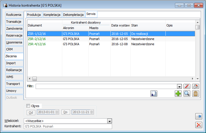 Historia kontrahenta, zakładka: Zlecenia/Serwis