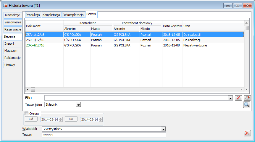 Historia towaru, zakładka: Zlecenia/Serwis.
