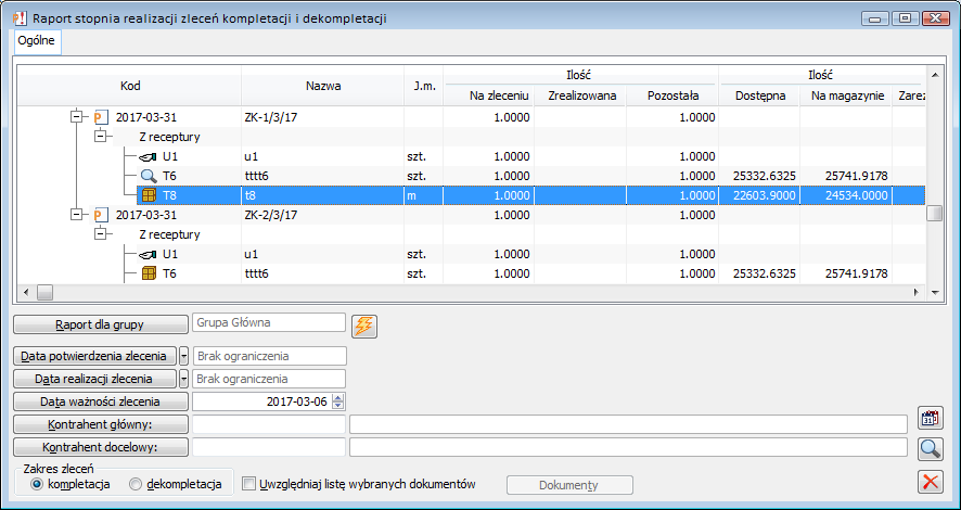 Raport stopnia realizacji zleceń kompletacji i dekompletacji