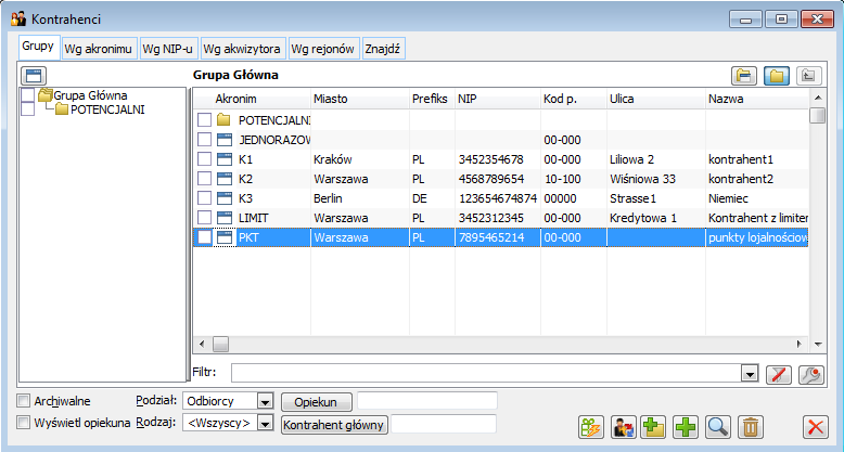 Lista kontrahentów według grup.
