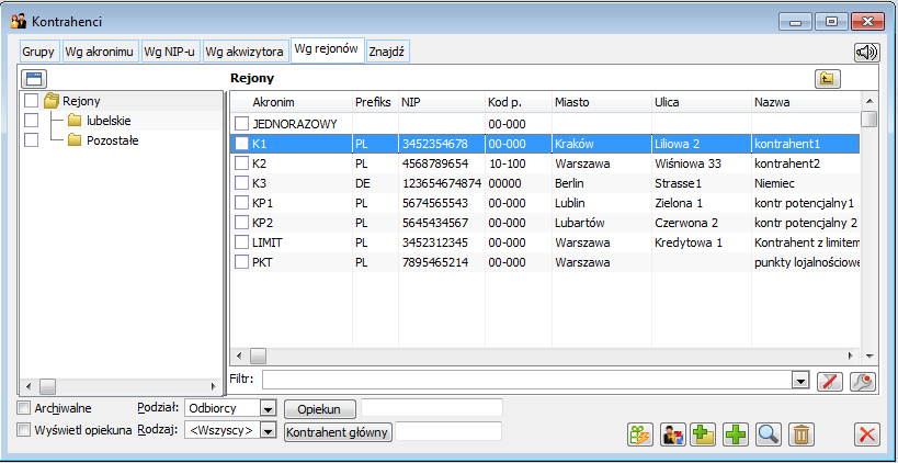 Lista kontrahentów według rejonów.