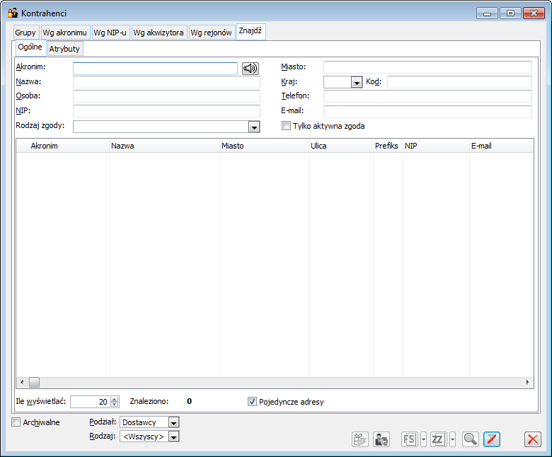 Lista kontrahentów, zakładka: Znajdź/Ogólne.